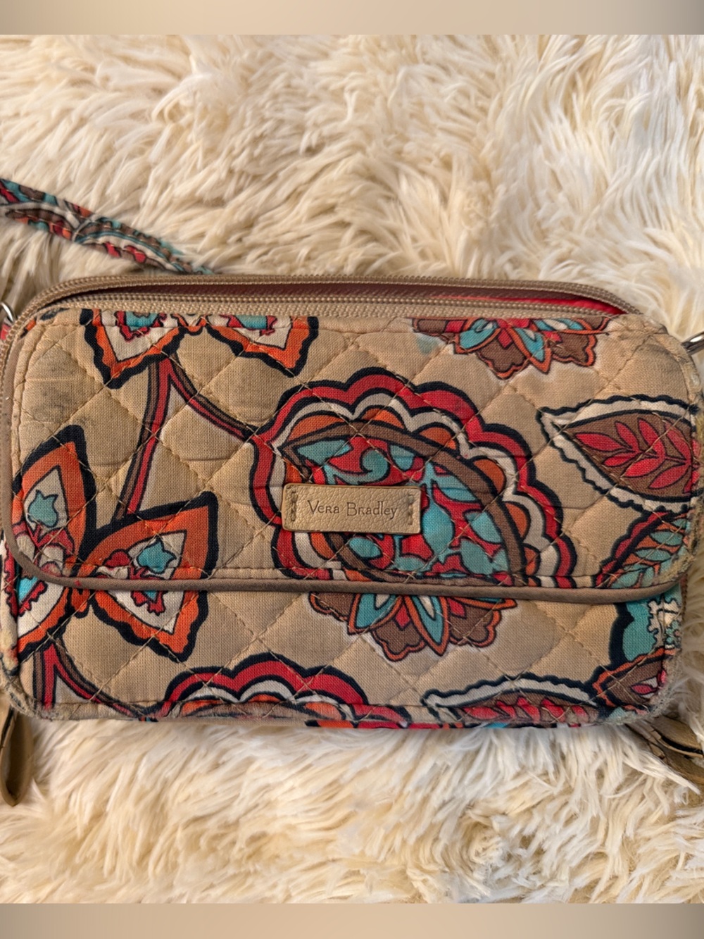 Vera Bradley Quilted Crossbody Bag in Beige with Coral & Teal Accents